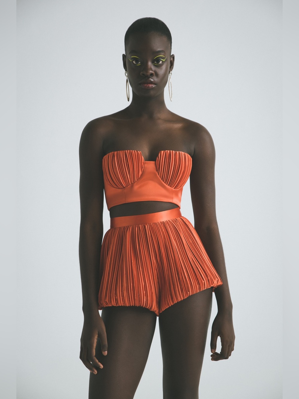 Atelier Ndigo Studio Zuri Burnt Orange Satin Pleated Bra Top Size M Retail $325